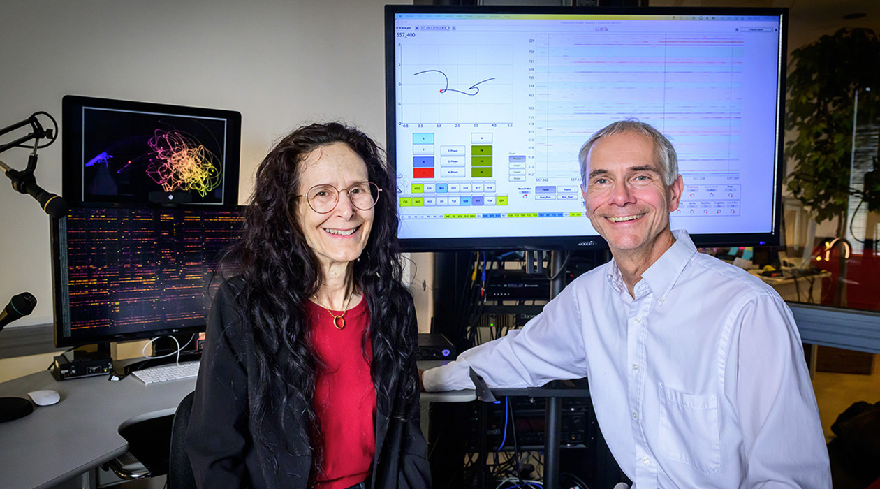 Composer and software developer Carla Scaletti and chemistry professor Martin Gruebele used sound to investigate hydrogen-bond dynamics during the protein-folding process.  Photo by Fred Zwicky