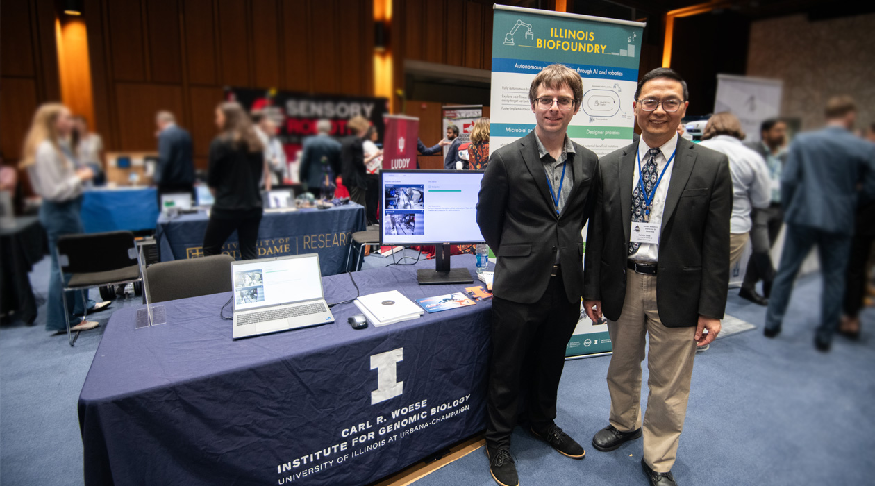 Stephan Lane, left, and Huimin Zhao at the Robotics Showcase and Demo Day.