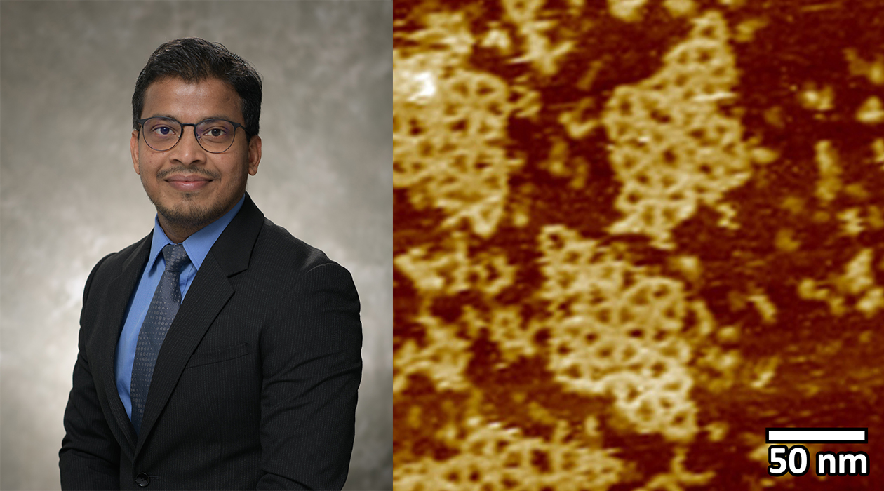 First author Saurabh Umrao (left) with images of DNA nets taken using atomic force microscopy imaging.