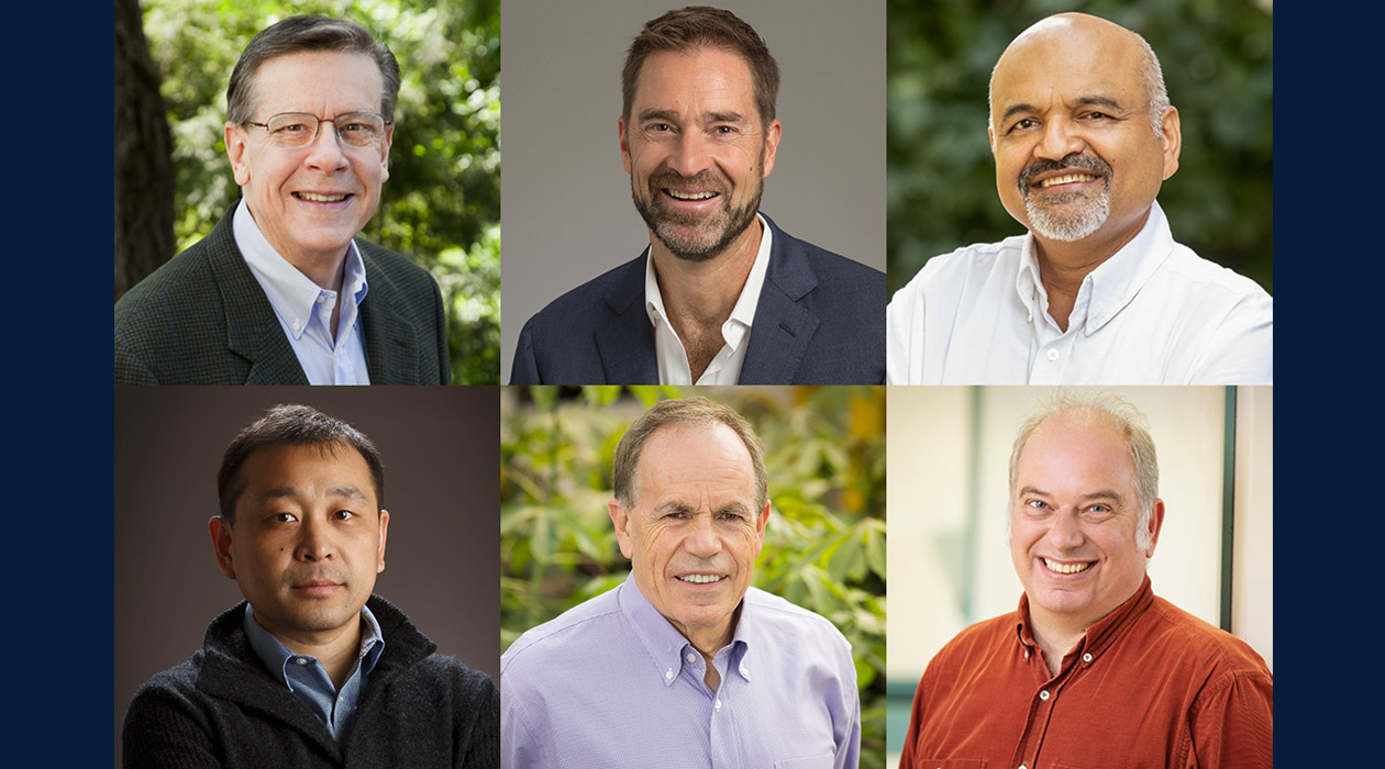 Highly cited researchers this year at Illinois are, clockwise from top left: Ed Deiner, Brent Roberts, Atul Jain, Axel Hoffmann, Stephen Long and Kaiyu Guan.  Photos by L. Brian Stauffer and Fred Zwicky