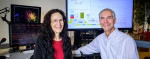 Composer and software developer Carla Scaletti and chemistry professor Martin Gruebele used sound to investigate hydrogen-bond dynamics during the protein-folding process.  Photo by Fred Zwicky