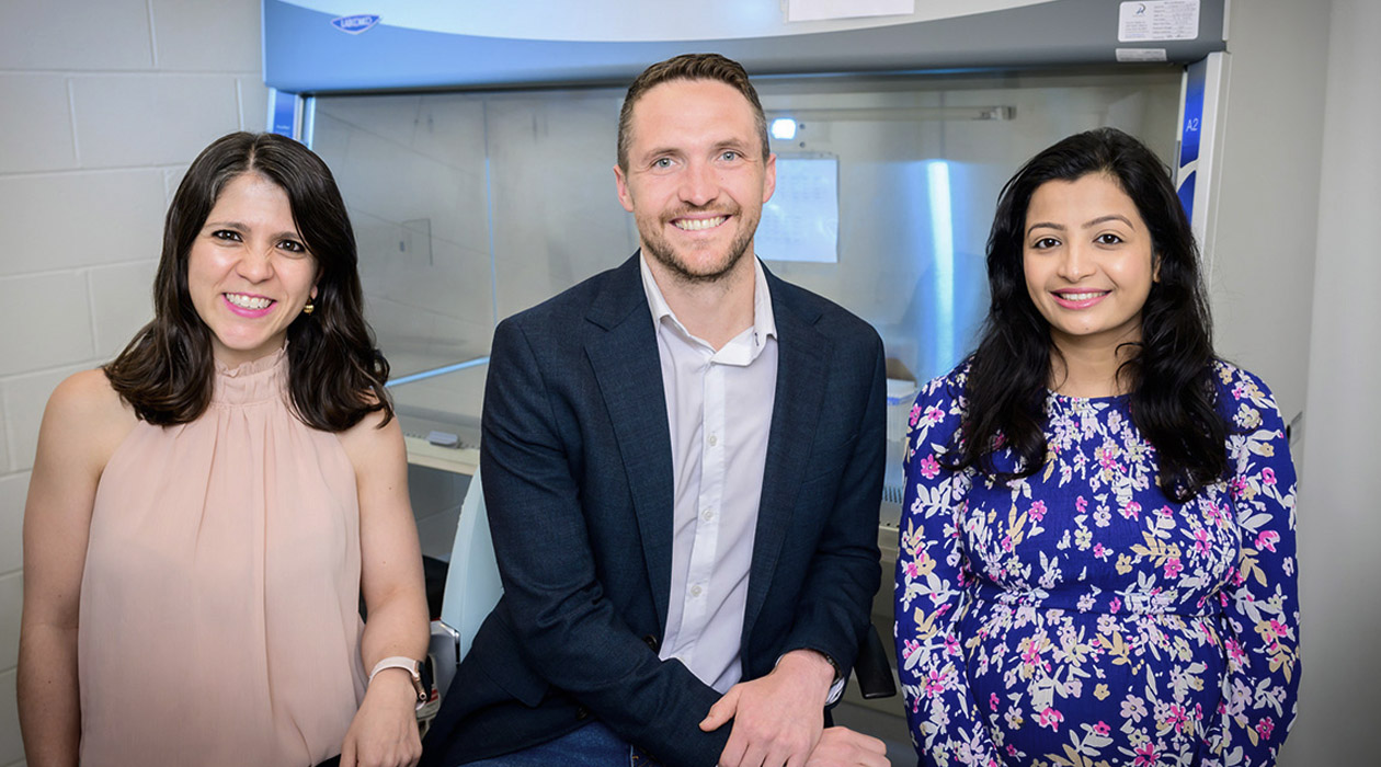 From left, postdoctoral researcher Elisa Caetano-Silva, kinesiology and community health professor Jacob Allen, Ph.D. student Akriti Shrestha and their colleagues found evidence linking the gut microbiomes of aged mice to age-related inflammation common to mice and humans.  Photo by Fred Zwicky