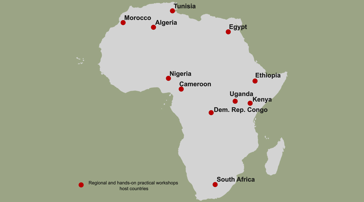 Map showing African countries where 28 AfricaBP Open Institute regional workshops were held in 2023. Host countries are: Nigeria, South Africa, Morocco, Algeria, Egypt, Tunisia, Kenya, Cameroon, DR Congo, Ethiopia, and Uganda