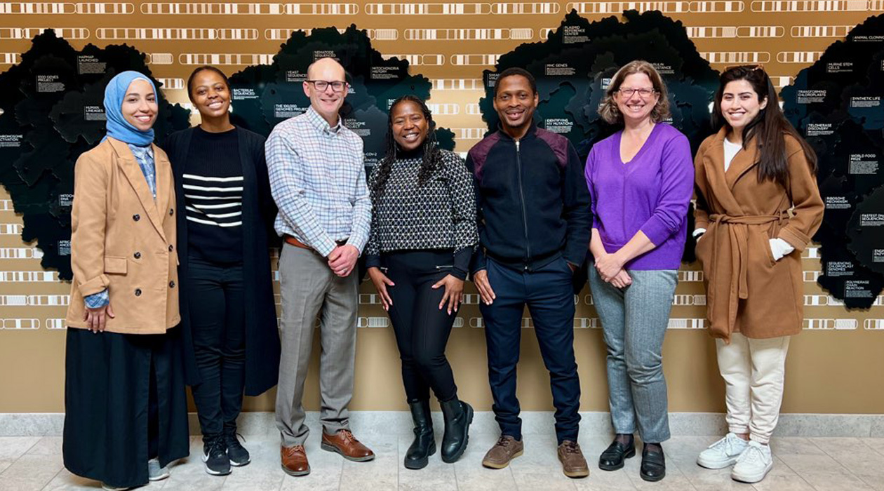 Left to right: Shaimaa Reda, Tshepo Mafokwane, Tracy Parish, Ntanganedzeni Mapholi, (Mafokwane’s advisor at University of South Africa); Victor Ezebuiro, Sarah Schwartz, and Ichrak Hayah. / Angie Patrick