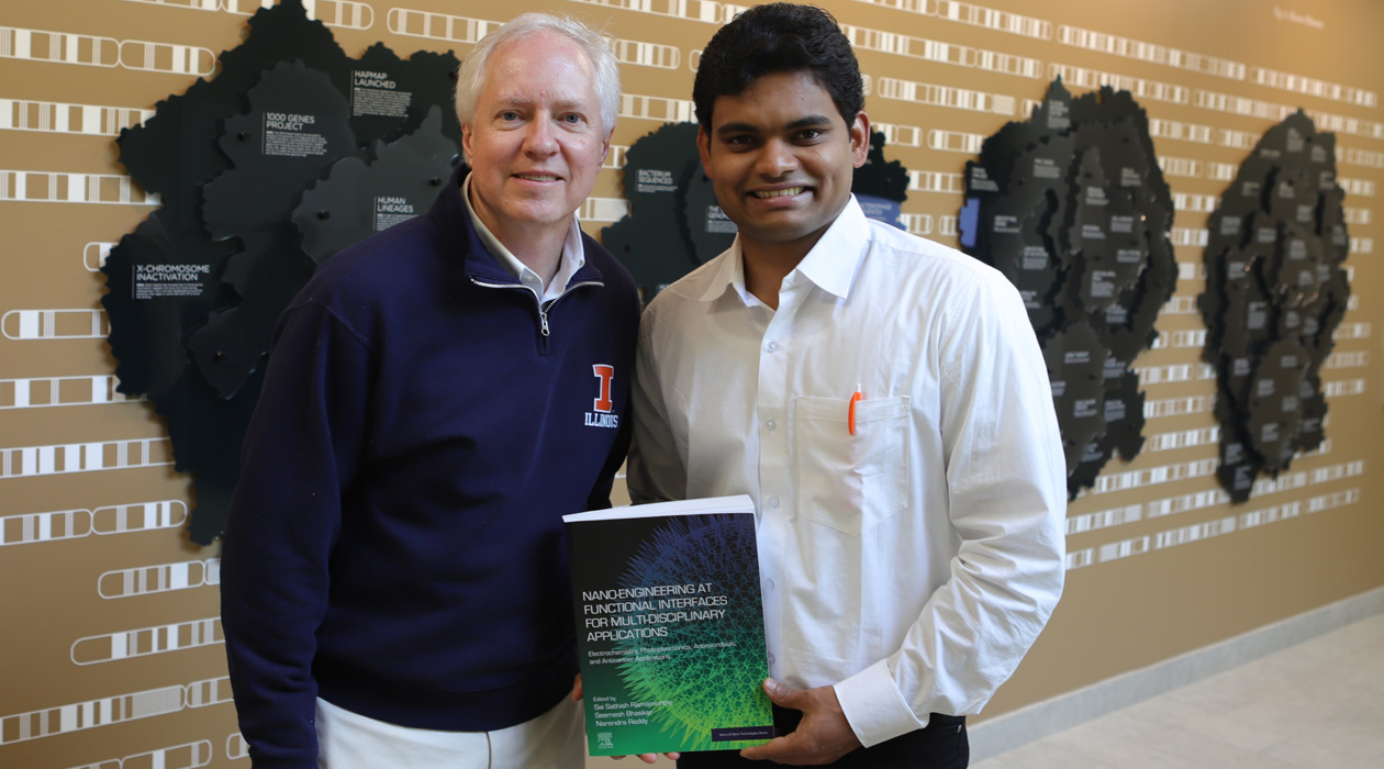 Brian Cunningham (left) wrote the foreword for IGB Fellow Seemesh Bhaskar’s (right) recently published book, “Nano-engineering at Functional Interfaces for Multidisciplinary Applications.” / Isaac Mitchell