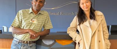 Joseph Irudayaraj (left) and graduate student Xiaoxue Han pictured here in the Cancer Center at Illinois labs located at Carle Health