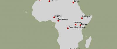 Map showing African countries where 28 AfricaBP Open Institute regional workshops were held in 2023. Host countries are: Nigeria, South Africa, Morocco, Algeria, Egypt, Tunisia, Kenya, Cameroon, DR Congo, Ethiopia, and Uganda