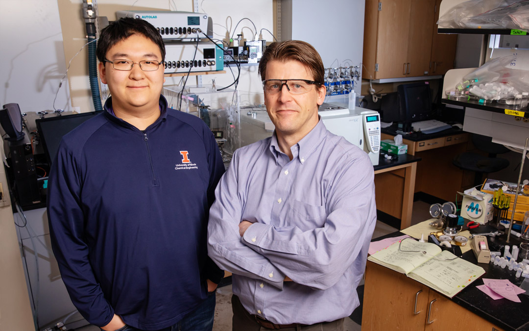 Chemical and biomolecular engineering professor and department chair Paul Kenis, right, and graduate student Shawn Lu are co-authors of a new study that examines the feasibility of a new carbon dioxide waste-to-value technology. 