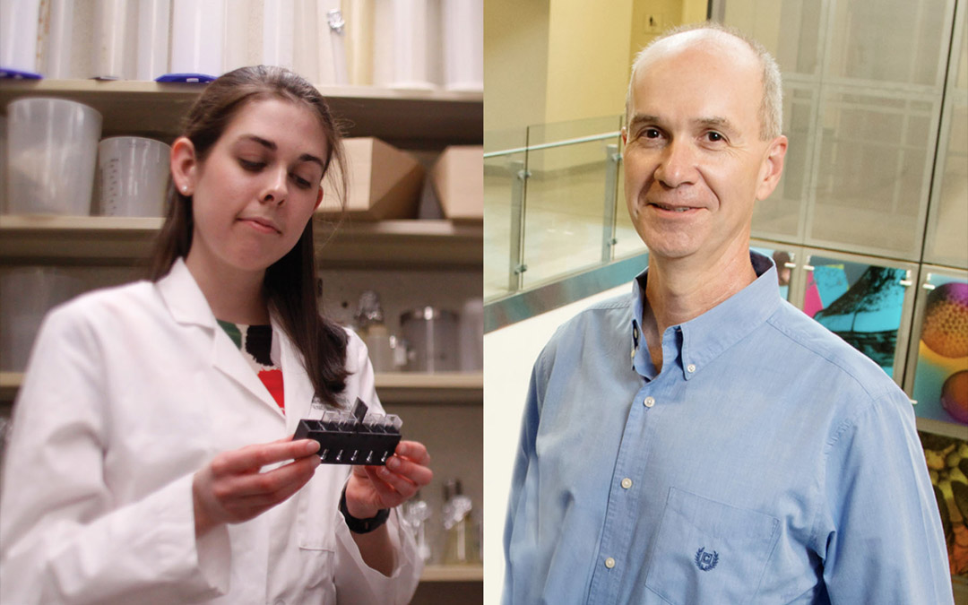 Elizabeth Parkinson, left, Assistant Professor of Chemistry, Purdue University with G. William Arends Professor of Molecular and Cellular Biology William Metcalf, right.