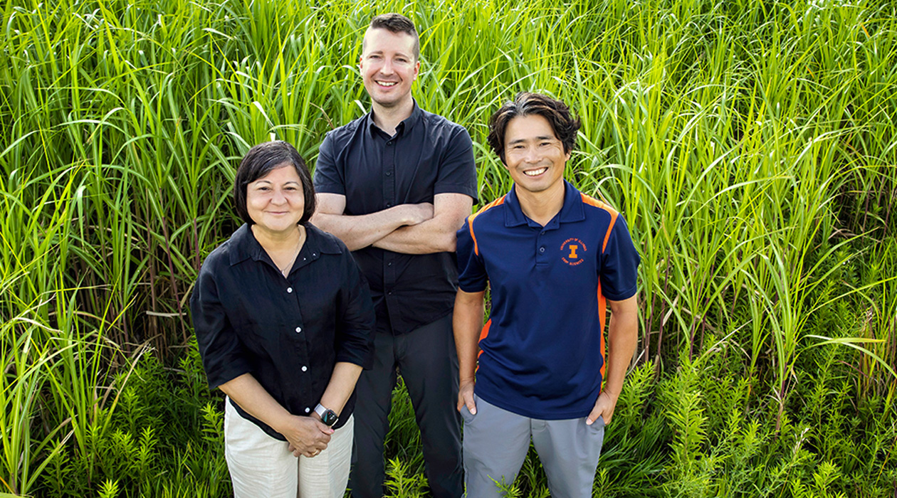 Researchers, from left, agricultural and consumer economics professor Madhu Khanna, civil and environmental engineering professor Jeremy Guest, crop sciences professor DoKyoung Lee and their colleagues weighed the many factors that go into selecting a biofuels feedstock to supply aviation fuel and meet various environmental, land-use and policy related goals. 