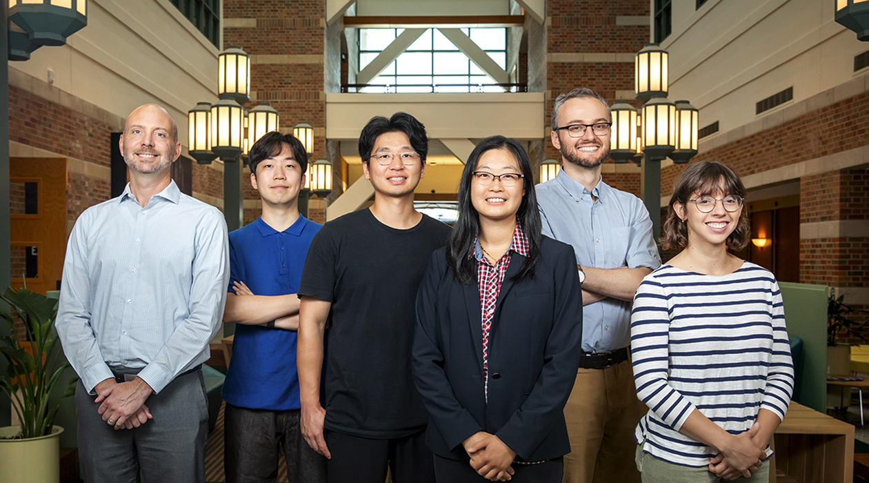 Illinois researchers have opened up the AI "black box" to gain valuable new insight about chemistry for solar energy applications. Pictured, from left: Professor Charles Schroeder, graduate students Changhyun Hwang and Seungjoo Yi, professor Ying Diao, professor Nick Jackson and graduate student Tiara Torres Flores.