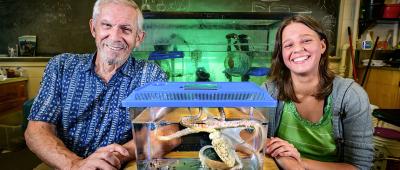  The researchers in a laboratory. Between them is a fish tank with an octopus inside.  Rhanor Gillette, left, and Ekaterina Gribkova developed an AI that can navigate new environments, seek novelty and rewards, and learn in real time. Their research into the neural pathways that drive behavior in sea slugs and octopuses guided the work.  Photo by Fred Zwicky