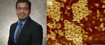 First author Saurabh Umrao (left) with images of DNA nets taken using atomic force microscopy imaging.